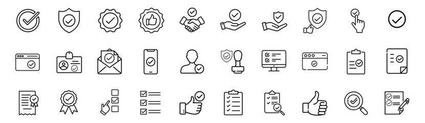 Approval checkmark verification web line icons set verified shield protection approved business handshake quality guarantee medal & more vector illustration with editable stroke © Purnima