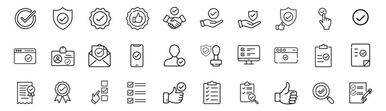 Approval checkmark verification web line icons set verified shield protection approved business handshake quality guarantee medal & more vector illustration with editable stroke