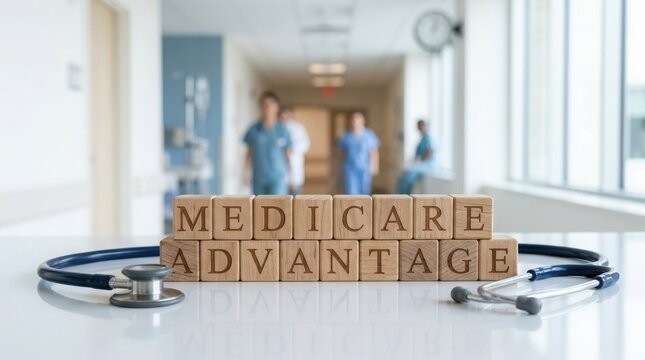 Medicare advantage blocks with stethoscope on hospital background