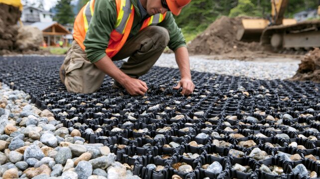Construction worker installing geogrid for ground stabilization