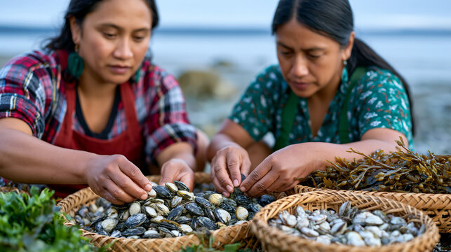 Indigenous Māori women at a coastal New Zealand beach carefully harvest pipi clams and kelp at low tide, traditional flax kete baskets beside them, grey-blue ocean and low evening sky behind, ideal 