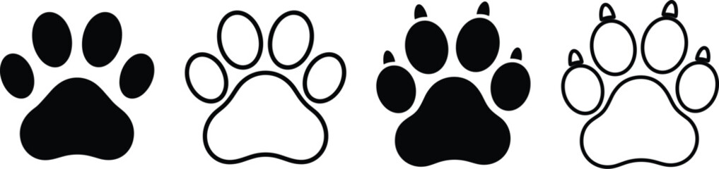 Four distinct animal paw print arranged in a row featuring variations of solid black and outlined shapes with and without visible claws on a white background © DesignNest