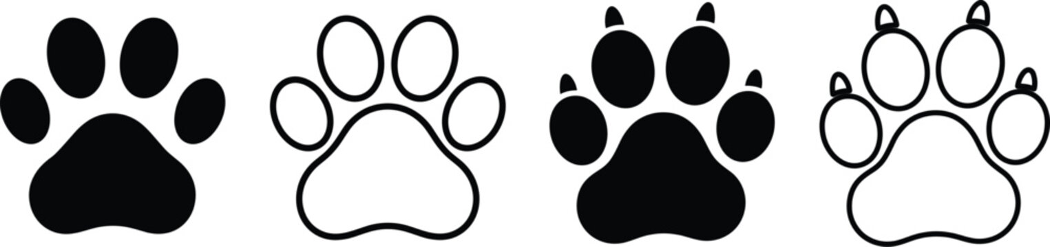 Four distinct animal paw print arranged in a row featuring variations of solid black and outlined shapes with and without visible claws on a white background