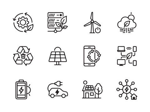 Modern organic tech icon collection for circular economy and renewable energy