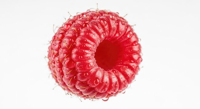 A detailed macro close up of a ripe red raspberry rotating slowly with clear water droplets on the surface, fresh organic fruit detail, droplets, liquid, spinning