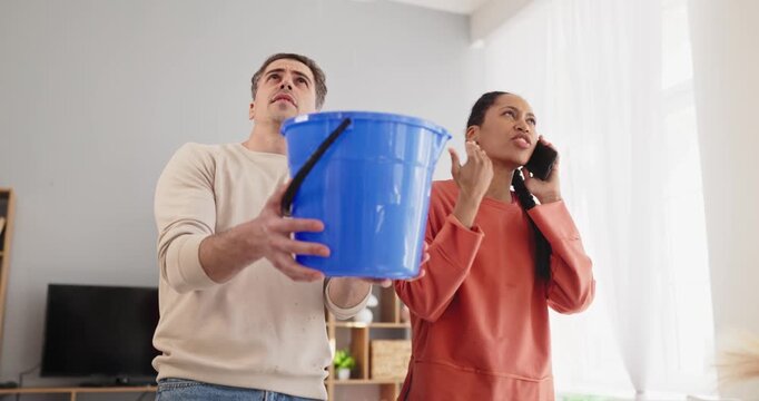 Couple face ceiling water leak bucket phone plumber. At home a man holds a blue bucket while a woman calls for repair, seeing damp ceiling as drips fall. Strong home emergency repair concept.