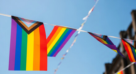 Naklejka premium Pride flags in rainbow colors and progress stripes against a bright blue sky, symbolizing LGBTQ+ pride and inclusion, perfect for pride events or awareness campaigns
