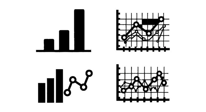 Minimal black silhouette icon, simple flat vector, bold black shape, no, no shading set of business charts and graphs icons for data analysis and statistics on a, flat icon style