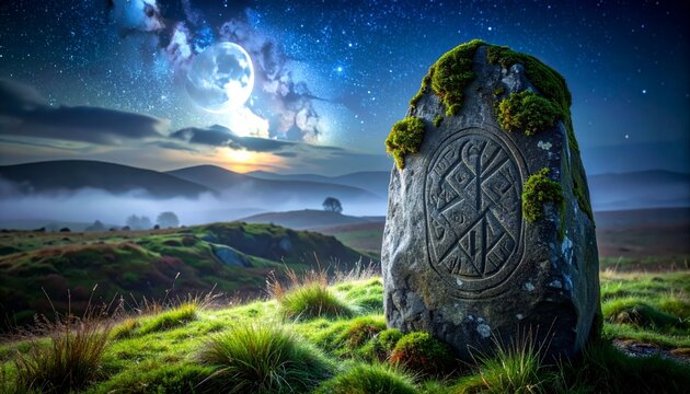 Ancient carved rune stone standing in moonlit mystic landscape with moss and stars