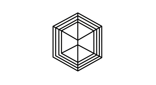 Abstract geometric nested cube wireframe line art illustration. Modern minimalist 3D hexagonal shape vector graphic concept.