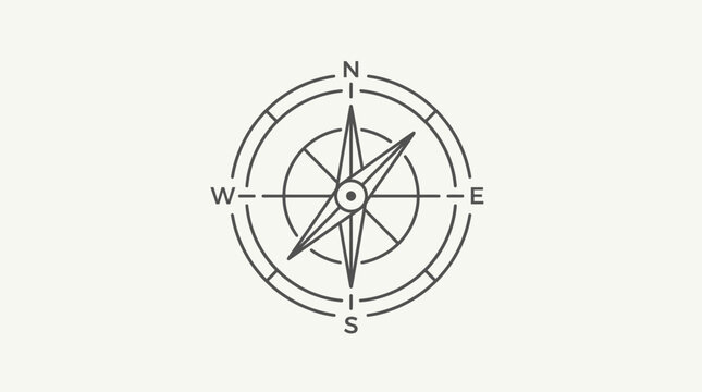Minimalist line art compass rose icon. Symbol for navigation, travel, exploration, direction, guidance, and adventure.