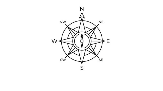 Classic black and white compass rose vector illustration with cardinal and intercardinal directions, navigational guide symbol.