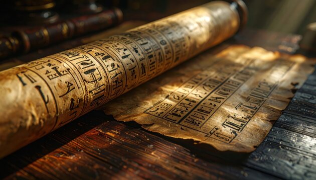 Ancient Egyptian papyrus scroll with detailed hieroglyphic text on a wooden surface
