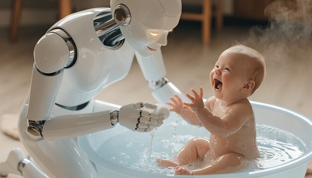 Friendly Humanoid AI Android Robot Gently Bathing a Laughing Happy Baby in Round Basin Tub at Home Futuristic Artificial Intelligence Infant Care and Smart Parenting Concept on Warm Background
