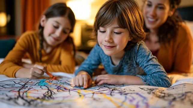 A family road trip map spread across a motel bed, children drawing their own routes in crayon while parents laugh at the chaos, warm incandescent light, ideal for road trip planning, family humor, a