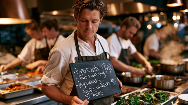 A hyperlocal restaurant kitchen where a chef holds up a handwritten chalkboard listing that morning's ingredients sourced within five miles, line cooks behind him prepping at steel counters, steam r