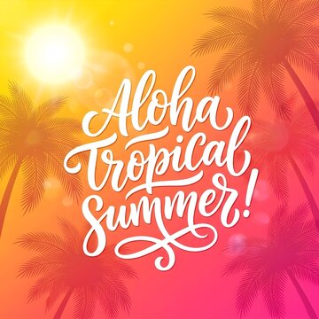 Aloha Tropical Summer calligraphy typography on vibrant sunset gradient background with palm tree silhouettes