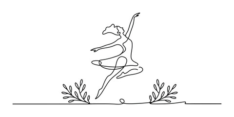 Continuous single line drawing of a graceful ballerina jumping with decorative leaves in a minimalist artistic style Vector, illustration © Nebaron