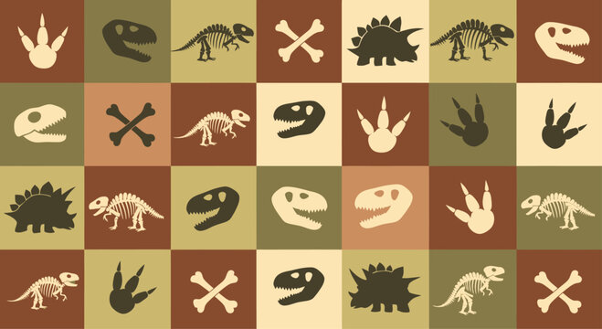 Set of cartoon dinosaurs and fossils in pixel art style