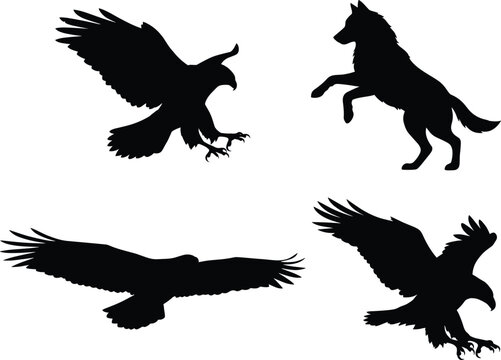 Collection of wild animal silhouettes featuring soaring bald eagles and a jumping wolf isolated on white background