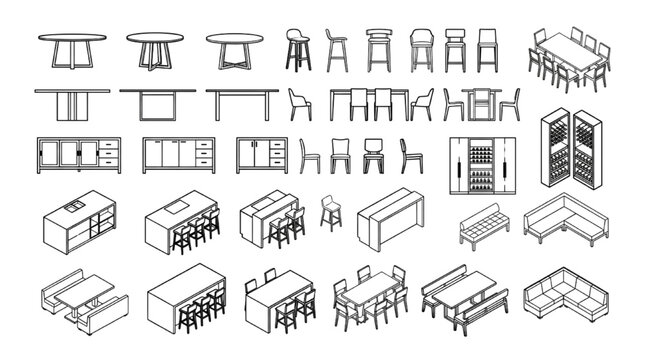 Restaurant and Dining Furniture CAD Collection with Tables Seating Booths Bars and Cabinet Elevations