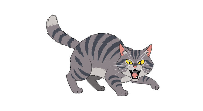 Angry gray striped cat arched in a defensive stance with its mouth wide open in a fierce hiss and ears pinned back on a white background.
