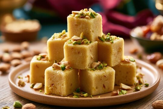 Sweet dessert barfi stacked on plate topped with nuts indian sweets delicious snack closeup.
