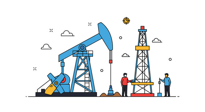 Industrial oil drilling site illustration with workers and heavy machinery including a pumpjack and drilling rig on white background.