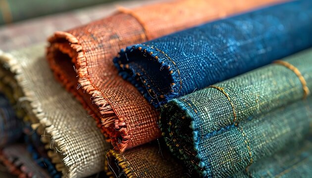 Variety of colorful fabric rolls stacked.