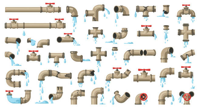 Large set of various leaky pipes and taps with water dripping and flowing out isolated on a white background for plumbing services.