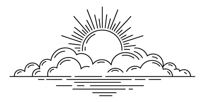 Simple line art icon of a sunrise over the ocean waves with clouds Vector, illustration