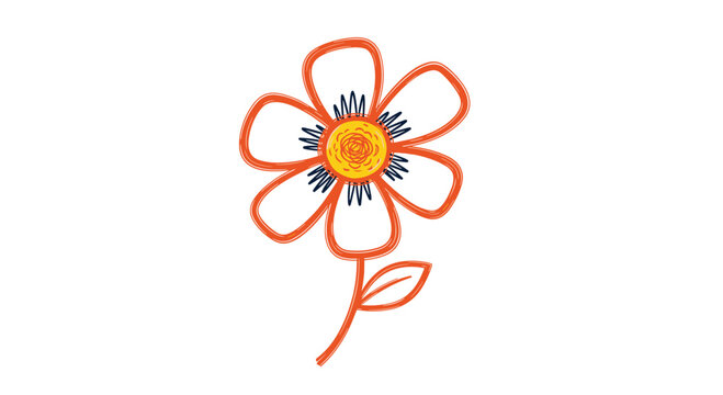 Simple artistic illustration of a single orange flower with a yellow center and a single leaf in a hand-drawn style.