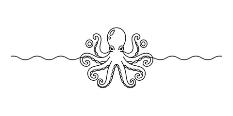 Simple line art octopus icon with wavy sea water line Vector, illustration © Nebaron