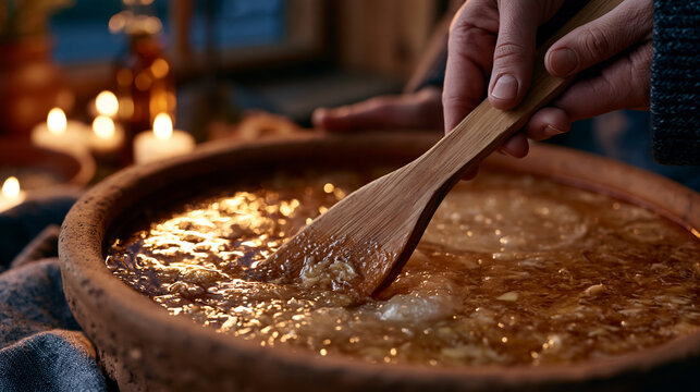 Close-up of hands dipping a wooden paddle into a terracotta vat of raw apple scrap vinegar, acetic mother culture visible as a translucent disc floating on the surface, golden hour light through a b