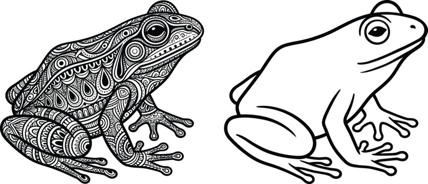 Set of frog line art illustrations featuring a detailed mandala patterned toad and a simple minimalist outline design