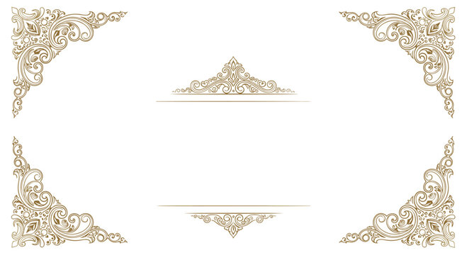 Decorative vintage gold scrollwork frame elements with ornate corners and dividers on a white background for invitations.