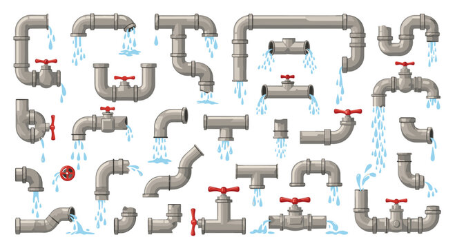Collection of various grey leaky water pipes with drops and faucets in a pixel art style isolated on white background.