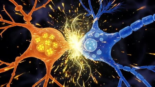 Abstract visualization of two neurons firing signals in the brain.