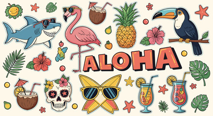 Obraz premium Colorful tropical aloha party elements with animals and fruits