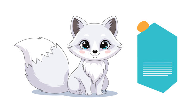 Adorable cartoon arctic fox character with large blue eyes and a fluffy tail next to a blue information box template.
