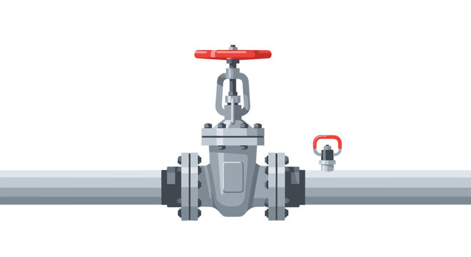 Industrial grey steel pipe section with a large red handwheel valve and a smaller pressure gauge on white background.