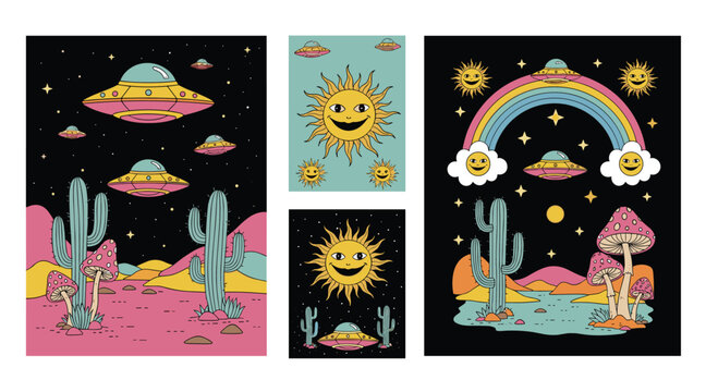 Set of colorful retro-style posters featuring whimsical motifs like flying saucers, smiling suns, desert cacti, mushrooms, and vibrant rainbows.
