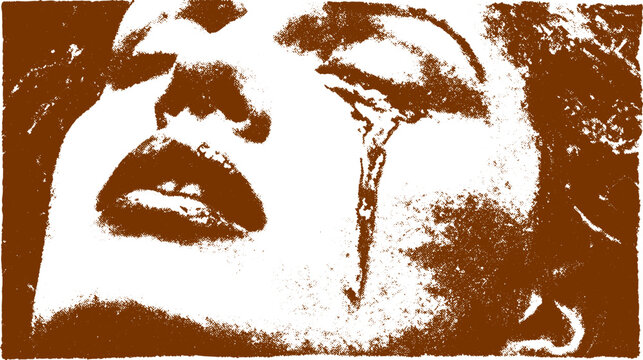 Woman's face expressing sadness with a tear. Monochrome portrait vector illustration focusing on emotion and texture in a vintage style.
