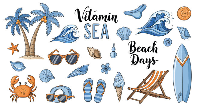 Colorful beach summer items and sea animals vector set