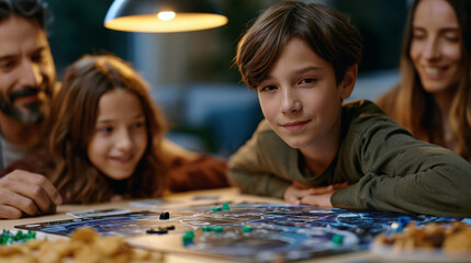 Fototapeta premium A chaotic board game mid-battle on a living room floor, snacks scattered, kids arguing over rules under a warm pendant lamp, parents hiding laughter, perfect for family game night, indoor fun, and c