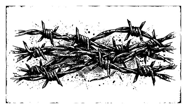 Barbed wire tangle with sharp thorns in vintage engraving style