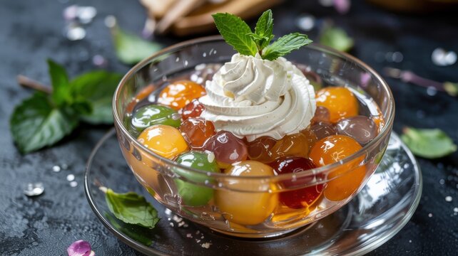 The famous Indonesian refreshing dessert called Es Dosmer / Es Chandol Jeli (Es Dosmer / Es Cendol Jelly) with colorful jelly balls.