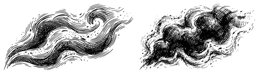 Swirling smoke and wind vapor clouds in hand drawn hatching style © Kumamoto