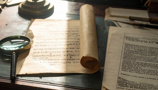 Delicate ancient parchment scroll featuring meticulously hand-scribed Hebrew script on an aged desk with books