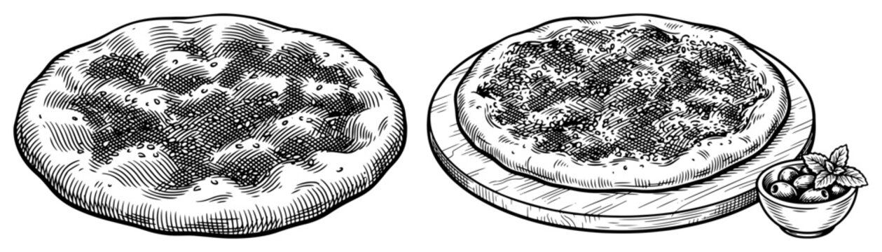 Pizza and focaccia flatbread with olives in hand drawn engraving style